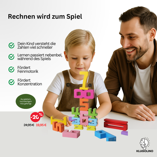 Ein Vater sitzt mit seinem Kind beim gemeinsamen Spielen, während das Kind nach den Klugolino Holz-Zahlenblöcken greift. Text im Bild: Lernen passiert nebenbei, fördert Feinmotorik und Konzentration, aus glattem hochwertigem Holz gefertigt.
