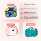 Die drei Design-Varianten des Klugolino Kreativkoffers: Blau mit Weltraum-Motiv, Rosa mit Einhorn und Grün mit Dino.
