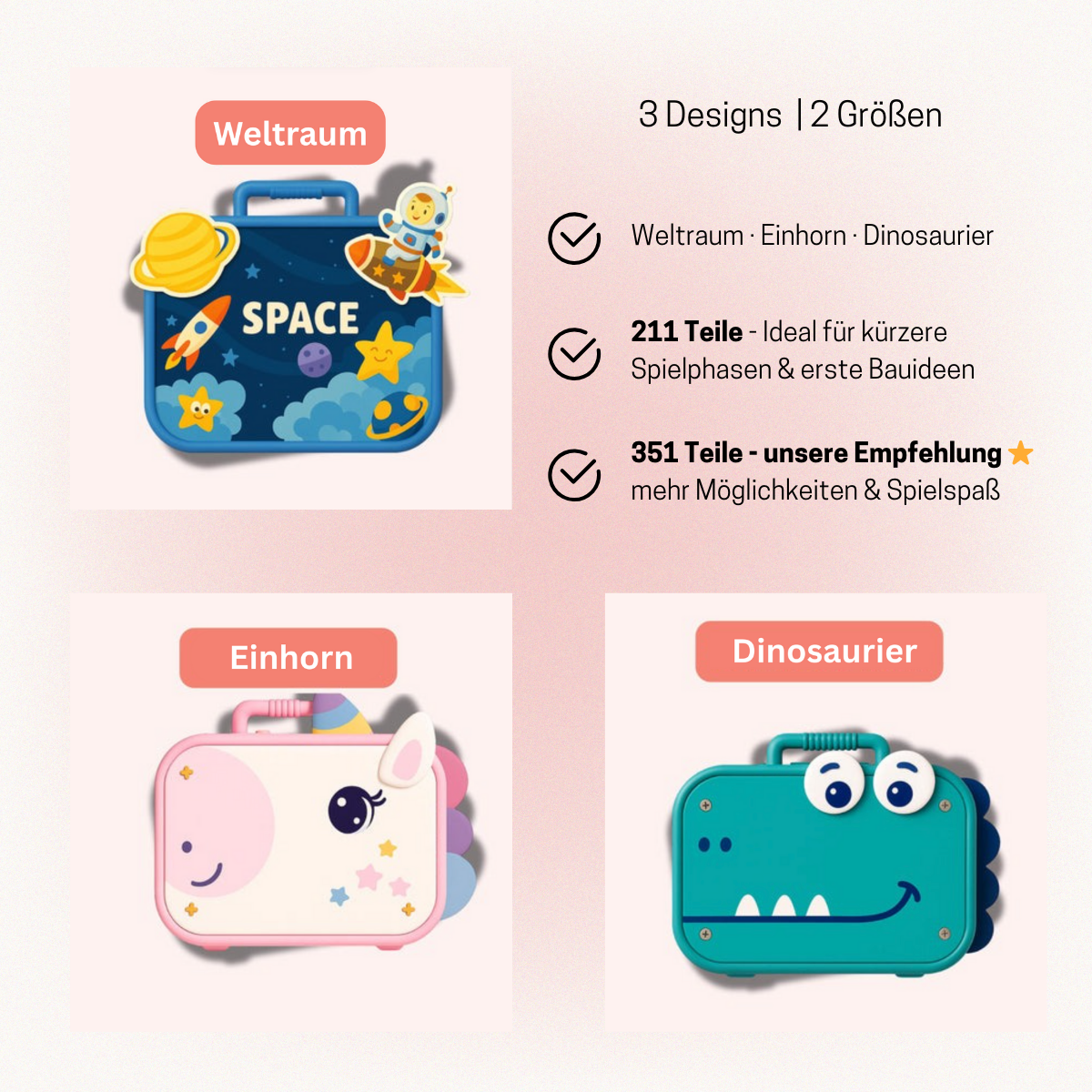 Die drei Design-Varianten des Klugolino Kreativkoffers: Blau mit Weltraum-Motiv, Rosa mit Einhorn und Grün mit Dino.