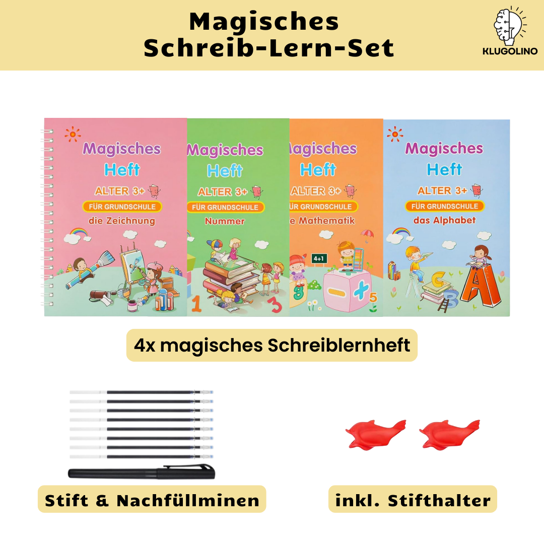Das komplette Klugolino Lernset übersichtlich präsentiert: Vier Zauberhefte, Stifte, passende Nachfüllminen und ergonomische Stifthalter.