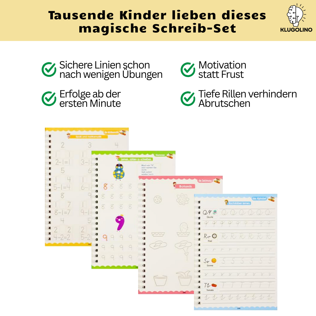 Alle vier Varianten des Magischen Schreiblernheft von Klugolino. Text im Bild: Motivation statt Frust. Erfolge ab der ersten Minute. Tiefe Rillen verhindern Abrutschen.