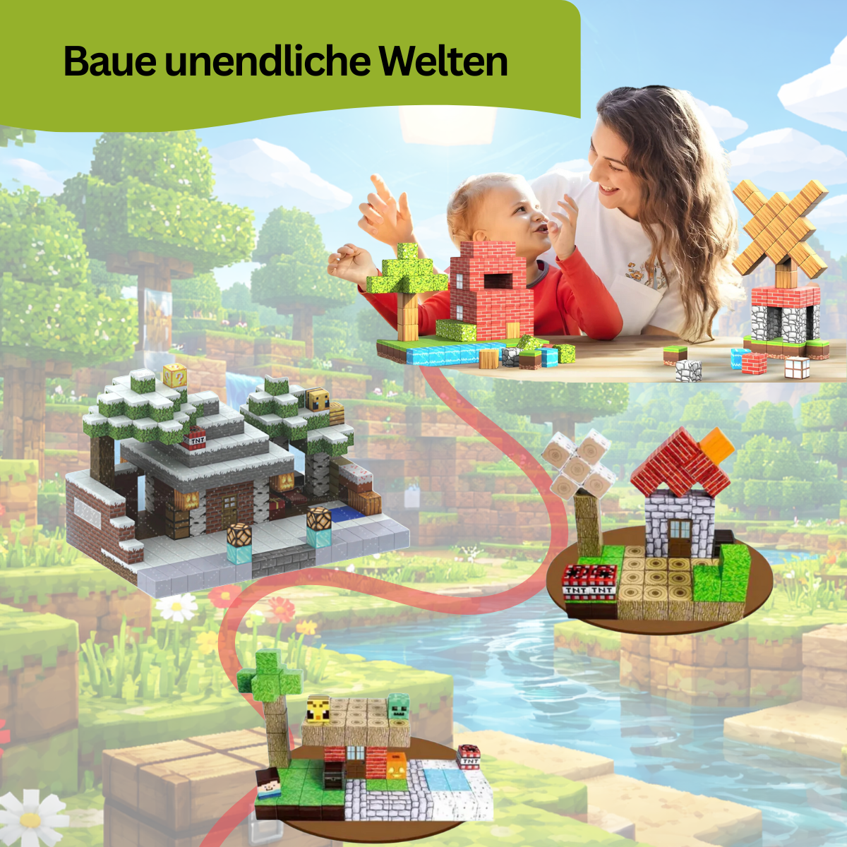 Eine Frau und ein Kind bauen mit den Klugolino Magnetblöcken aus hochwertigem Kunststoff. Daneben stehen fünf Bauwerke wie eine Windmühle und Häuser mit Landschaft sowie der Text: Baue unendliche Welten.