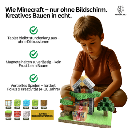 Ein Kind sitzt auf dem Boden und betrachtet konzentriert sein Bauwerk aus Klugolino Magnetwürfeln. Text im Bild: Fördert Fokus und Kreativität, Magnete halten zuverlässig, Tablet bleibt stundenlang aus ohne Diskussion.