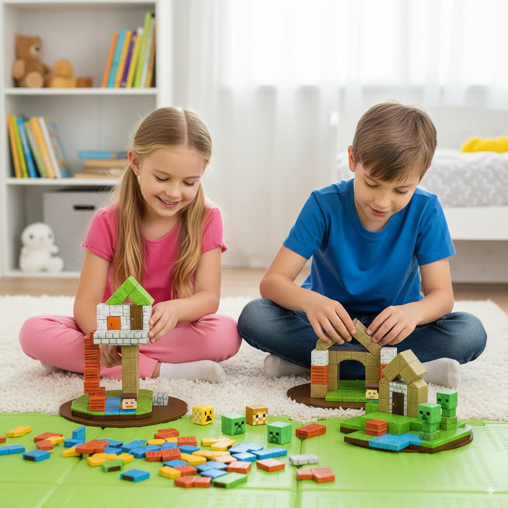 Zwei Kinder sitzen nebeneinander auf dem Boden und bauen gemeinsam Häuser aus den bunten Klugolino Magnetwürfeln.