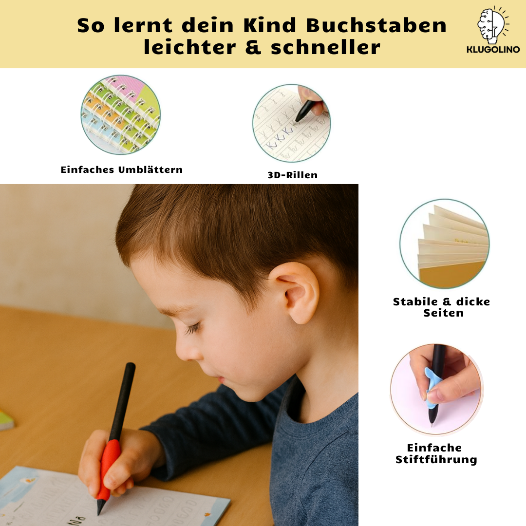 Ein Kind hält einen Stift und schreibt in einem Klugolino Zauberheft. Grafiken im Bild zeigen die Vorteile: Einfaches Umblättern, 3D-Rillen, stabile dicke Seiten und einfache Stiftführung.
