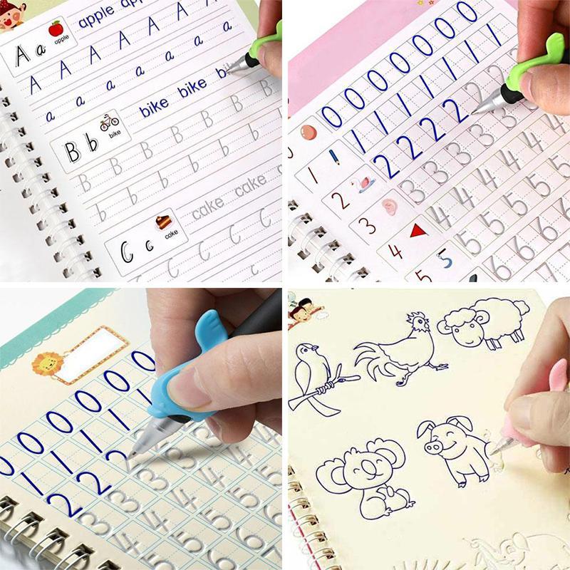 Vier Detailaufnahmen der Klugolino Zauberhefte. Eine Hand führt jeweils den Stift über die Rillenführung für Buchstaben, Zahlen, mathematische Übungen und grafische Formen.